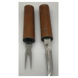 Unique RARE Vintage Japanese Crafted Wood Samuri Style Multi Tool Including Knife, Fork , Can Opener And Fish Scaler) 8 3/8"