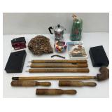 Misc. Vintage Items Including Portable Miniature Aluminum Coffee Pot , Lava Rock And More