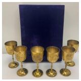 Set Of 6 Vintage Heavy Brass Gobblets 6 1/2" Tall marked Saudi Arabia In Velvet Case