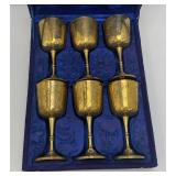Set Of 6 Vintage Heavy Brass Gobblets 6 1/2" Tall marked Saudi Arabia In Velvet Case