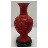 Vintage Chinese Cinnabar Red Lacquer Vase On Stand 7"