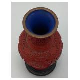 Vintage Chinese Cinnabar Red Lacquer Vase On Stand 7"