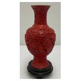 Vintage Chinese Cinnabar Red Lacquer Vase On Stand 7"