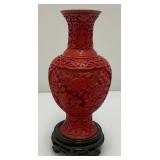 Vintage Chinese Cinnabar Red Lacquer Vase On Stand 7"