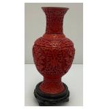 Vintage Chinese Cinnabar Red Lacquer Vase On Stand 7"