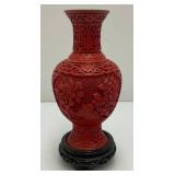 Vintage Chinese Cinnabar Red Lacquer Vase On Stand 7"
