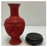Vintage Chinese Cinnabar Red Lacquer Vase On Stand 7"