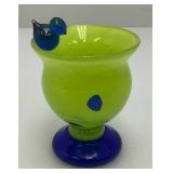 Very Unique Colorful Mid Century Hand Blown Art Glass Bird Bath Dish And Bird Signed By Artist 2 3/8" x 3"