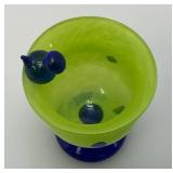 Very Unique Colorful Mid Century Hand Blown Art Glass Bird Bath Dish And Bird Signed By Artist 2 3/8" x 3"