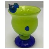 Very Unique Colorful Mid Century Hand Blown Art Glass Bird Bath Dish And Bird Signed By Artist 2 3/8" x 3"