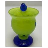 Very Unique Colorful Mid Century Hand Blown Art Glass Bird Bath Dish And Bird Signed By Artist 2 3/8" x 3"