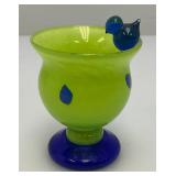 Very Unique Colorful Mid Century Hand Blown Art Glass Bird Bath Dish And Bird Signed By Artist 2 3/8" x 3"