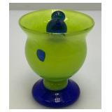 Very Unique Colorful Mid Century Hand Blown Art Glass Bird Bath Dish And Bird Signed By Artist 2 3/8" x 3"