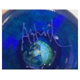 Very Unique Colorful Mid Century Hand Blown Art Glass Bird Bath Dish And Bird Signed By Artist 2 3/8" x 3"