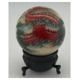 Vintage Unique Chinese Hand Painted Jade? Ball With Artist Signature And Stand 2"