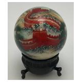 Vintage Unique Chinese Hand Painted Jade? Ball With Artist Signature And Stand 2"