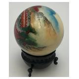 Vintage Unique Chinese Hand Painted Jade? Ball With Artist Signature And Stand 2"