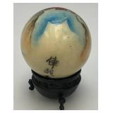 Vintage Unique Chinese Hand Painted Jade? Ball With Artist Signature And Stand 2"