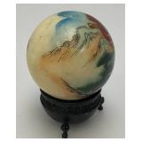 Vintage Unique Chinese Hand Painted Jade? Ball With Artist Signature And Stand 2"