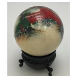 Vintage Unique Chinese Hand Painted Jade? Ball With Artist Signature And Stand 2"
