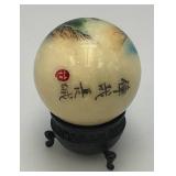 Vintage Unique Chinese Hand Painted Jade? Ball With Artist Signature And Stand 2"