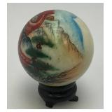 Vintage Unique Chinese Hand Painted Jade? Ball With Artist Signature And Stand 2"