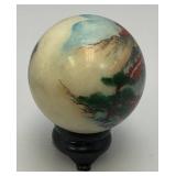 Vintage Unique Chinese Hand Painted Jade? Ball With Artist Signature And Stand 2"
