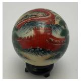 Vintage Unique Chinese Hand Painted Jade? Ball With Artist Signature And Stand 2"
