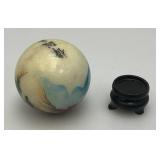 Vintage Unique Chinese Hand Painted Jade? Ball With Artist Signature And Stand 2"