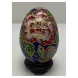 Vintage Chinese Floral Cloisonne Enameled 3 1/2" Egg With Stand