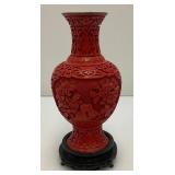 Vintage Chinese Cinnabar Red Lacquer Vase On Stand 7"