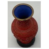 Vintage Chinese Cinnabar Red Lacquer Vase On Stand 7"