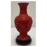 Vintage Chinese Cinnabar Red Lacquer Vase On Stand 7"