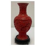 Vintage Chinese Cinnabar Red Lacquer Vase On Stand 7"