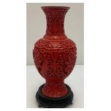 Vintage Chinese Cinnabar Red Lacquer Vase On Stand 7"