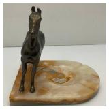 Vintage Bronze Horse And Onyx Ashtray 7" x 7 3/4" x 8 1/4"