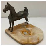 Vintage Bronze Horse And Onyx Ashtray 7" x 7 3/4" x 8 1/4"