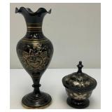 Vintage Elegant Black And Brass Etched Vase 9 1/2" And Covered Dish 5"
