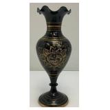 Vintage Elegant Black And Brass Etched Vase 9 1/2" And Covered Dish 5"