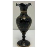 Vintage Elegant Black And Brass Etched Vase 9 1/2" And Covered Dish 5"