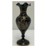 Vintage Elegant Black And Brass Etched Vase 9 1/2" And Covered Dish 5"