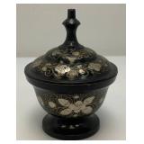 Vintage Elegant Black And Brass Etched Vase 9 1/2" And Covered Dish 5"
