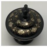 Vintage Elegant Black And Brass Etched Vase 9 1/2" And Covered Dish 5"
