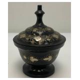 Vintage Elegant Black And Brass Etched Vase 9 1/2" And Covered Dish 5"