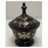 Vintage Elegant Black And Brass Etched Vase 9 1/2" And Covered Dish 5"