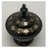 Vintage Elegant Black And Brass Etched Vase 9 1/2" And Covered Dish 5"