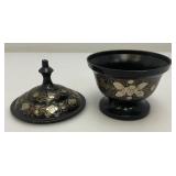 Vintage Elegant Black And Brass Etched Vase 9 1/2" And Covered Dish 5"