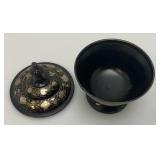 Vintage Elegant Black And Brass Etched Vase 9 1/2" And Covered Dish 5"