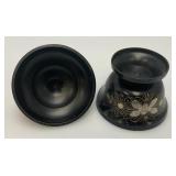 Vintage Elegant Black And Brass Etched Vase 9 1/2" And Covered Dish 5"