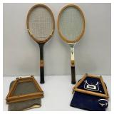 Two Vintage Tennis Rackets And Protective Holders One Is Chris Evert Wilson And One Is Bangcroft Streamline